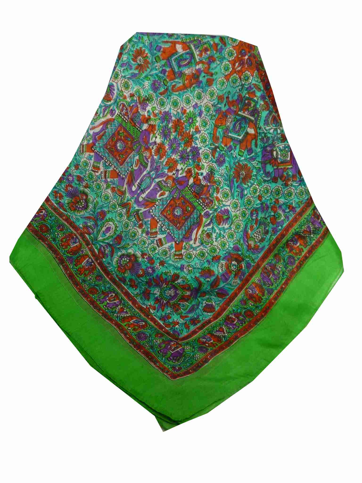 Mulberry Silk Traditional Square Scarf Har Citron Vert & Aqua by Pashmina & Silk