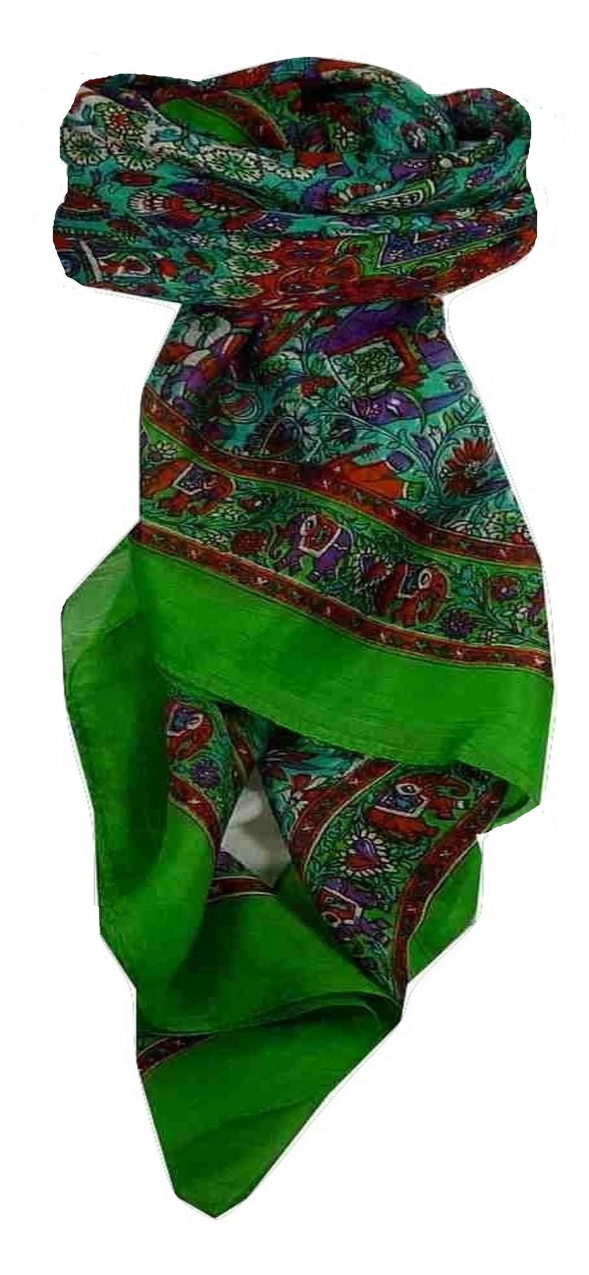 Mulberry Silk Traditional Square Scarf Har Citron Vert & Aqua by Pashmina & Silk