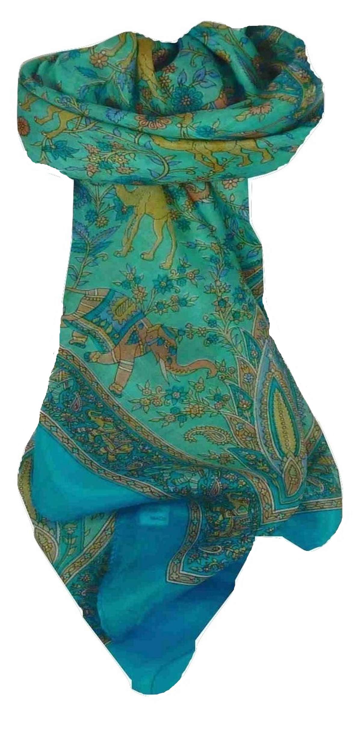 Tradizionale Sciarpa Quadrata di Seta Goral Aquamarine di Pashmina & Silk