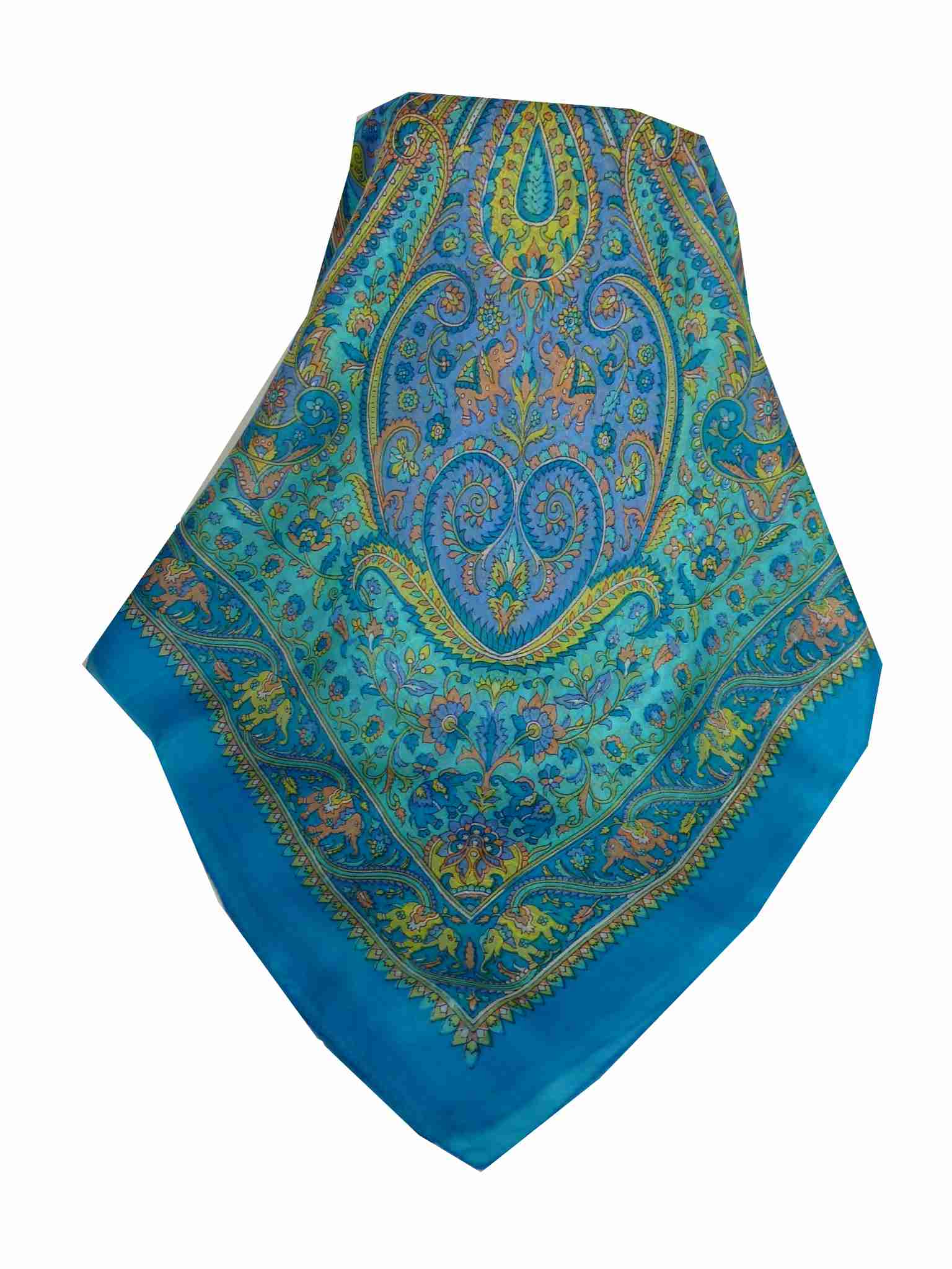 Tradizionale Sciarpa Quadrata di Seta Dida Aquamarine di Pashmina & Silk
