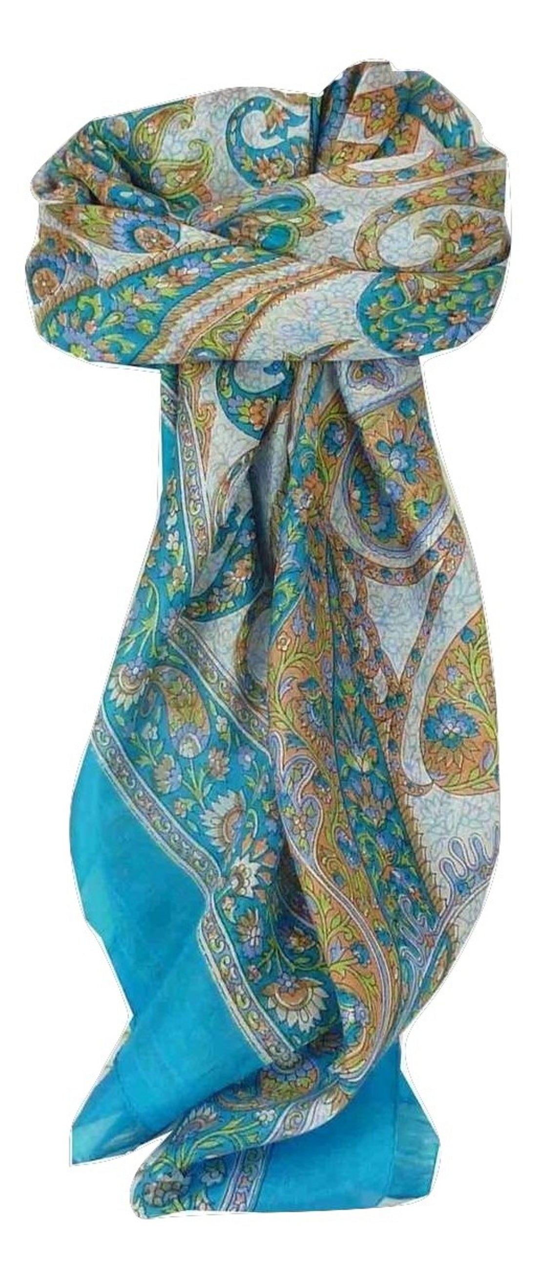 Tradizionale Sciarpa Quadrata di Seta Hindon Aquamarine di Pashmina & Silk