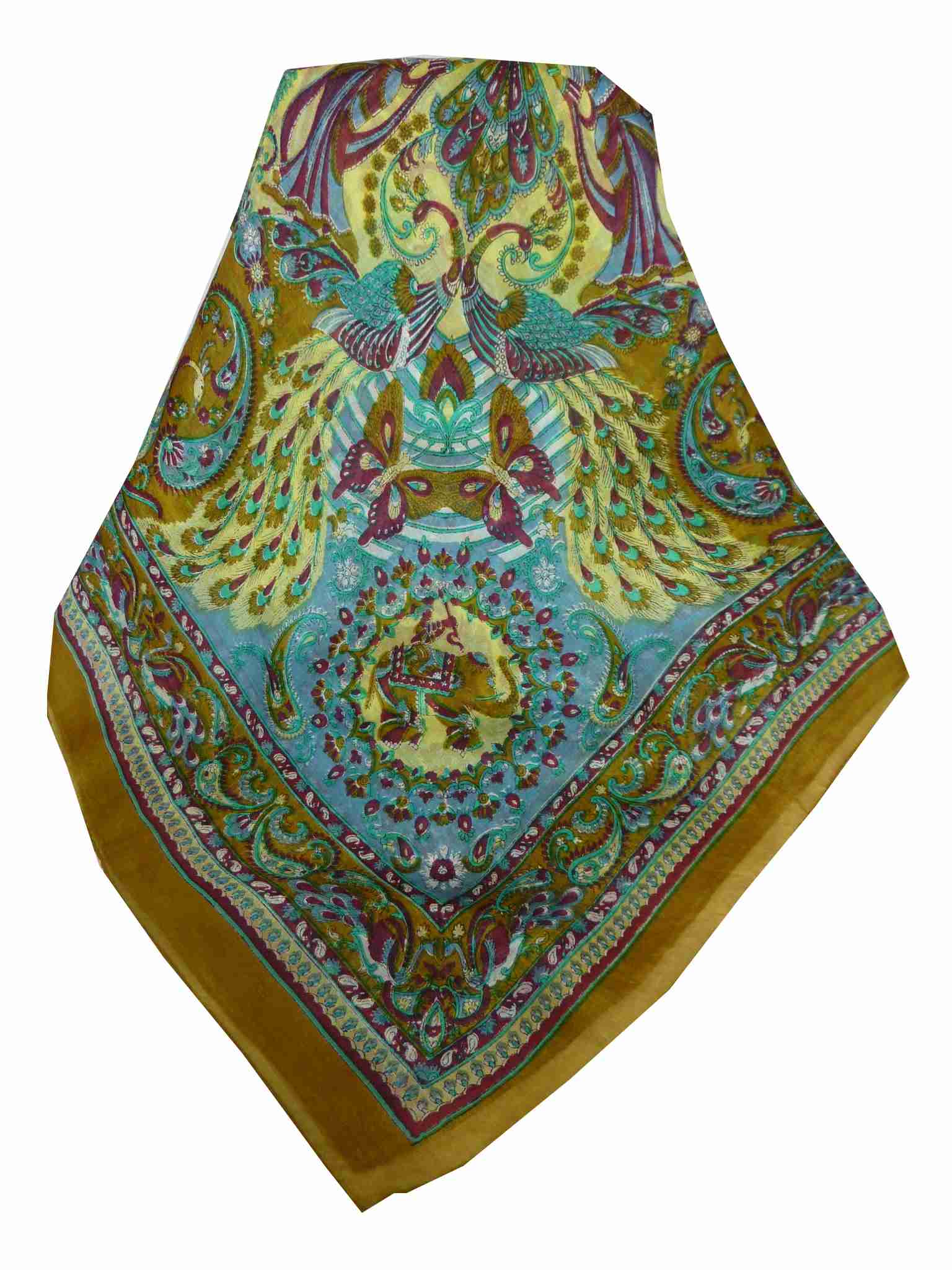 Mulberry Silk Traditional Square Scarf Dawa Caramel & Blue by Pashmina & Silk