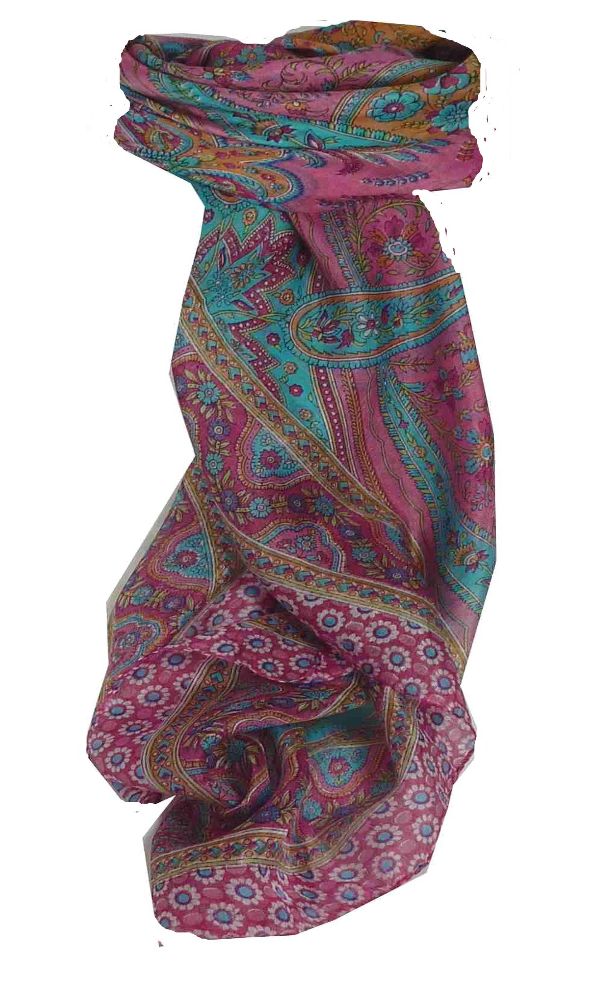 Mulberry Silk Traditional Square Scarf Ami Cerise & Aqua by Pashmina & Silk