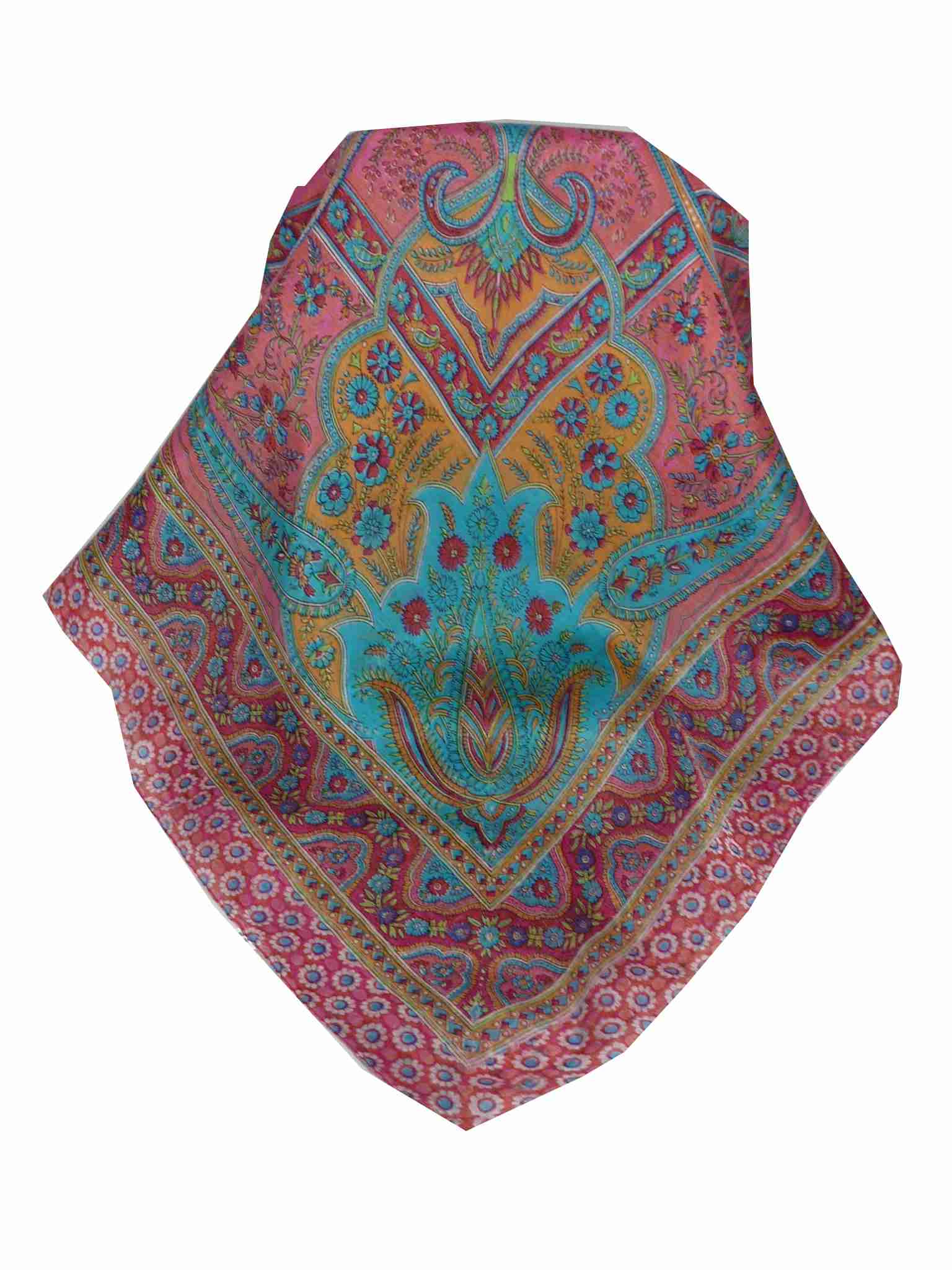Mulberry Silk Traditional Square Scarf Ami Cerise & Aqua by Pashmina & Silk