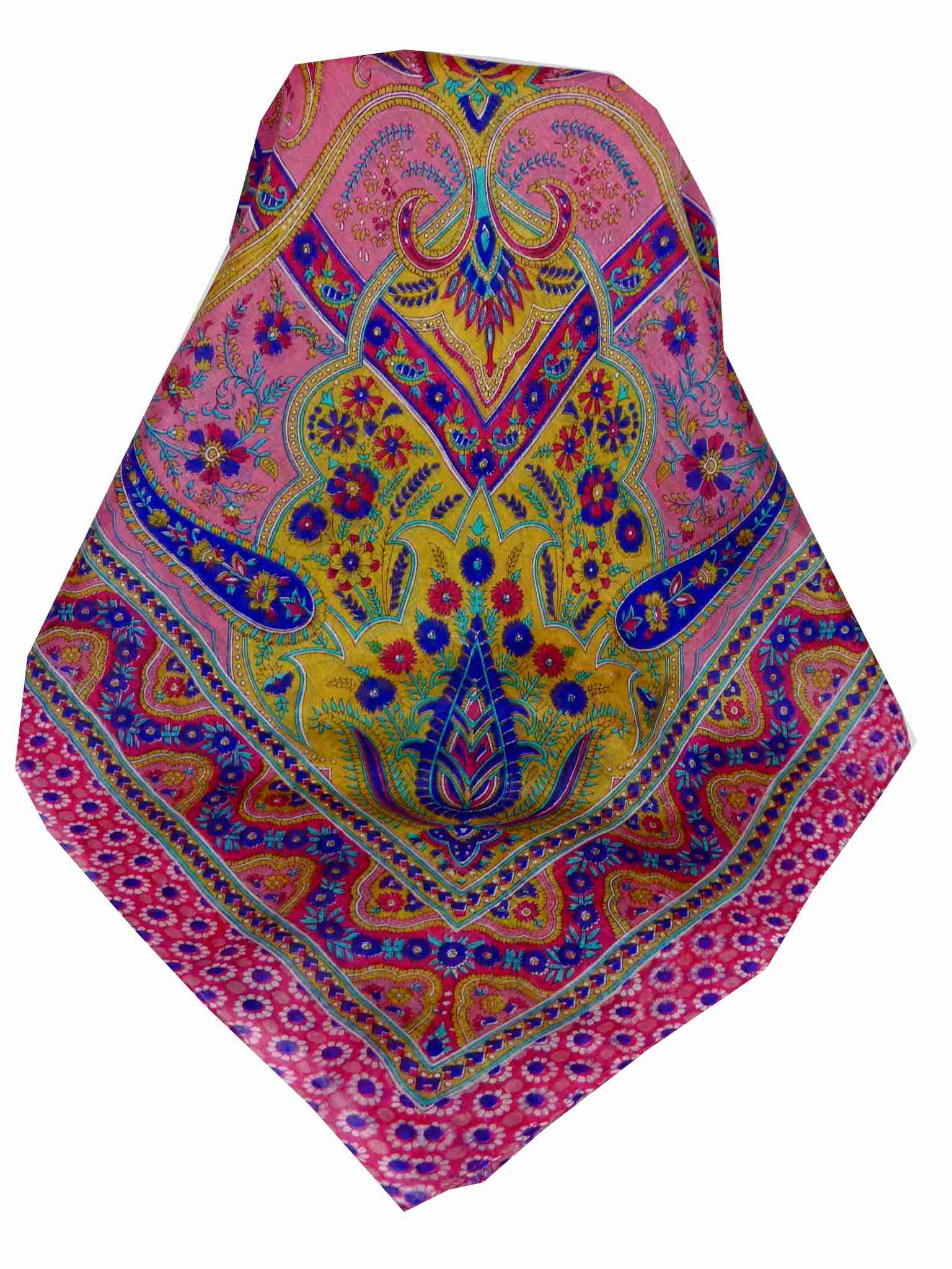 Mulberry Silk Traditional Square Scarf Ami Cerise & Blue by Pashmina & Silk