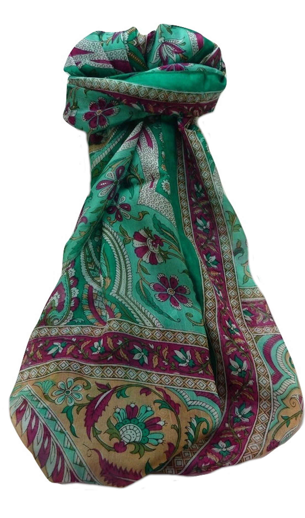 Mulberry Silk Traditional Long Scarf  Meri Emerald & Blue by Pashmina & Silk