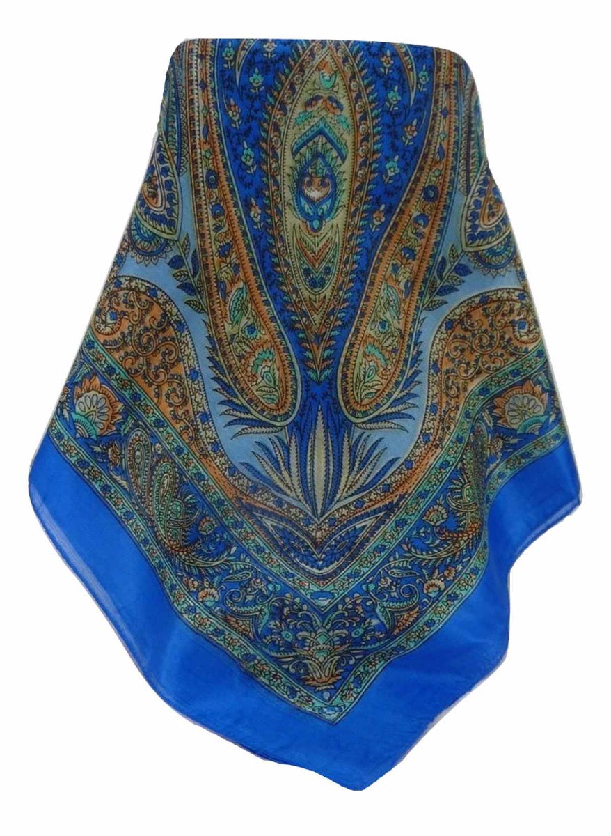 Mulberry Silk Traditional Square Scarf Chatur Blue by Pashmina & Silk