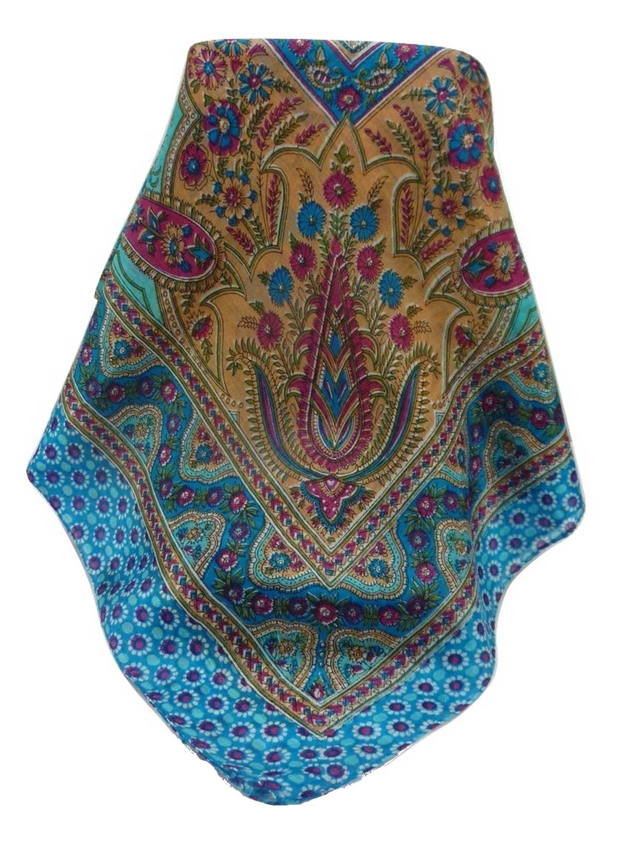 Tradizionale Sciarpa Quadrata di Seta Kanikar Aqua di Pashmina & Silk