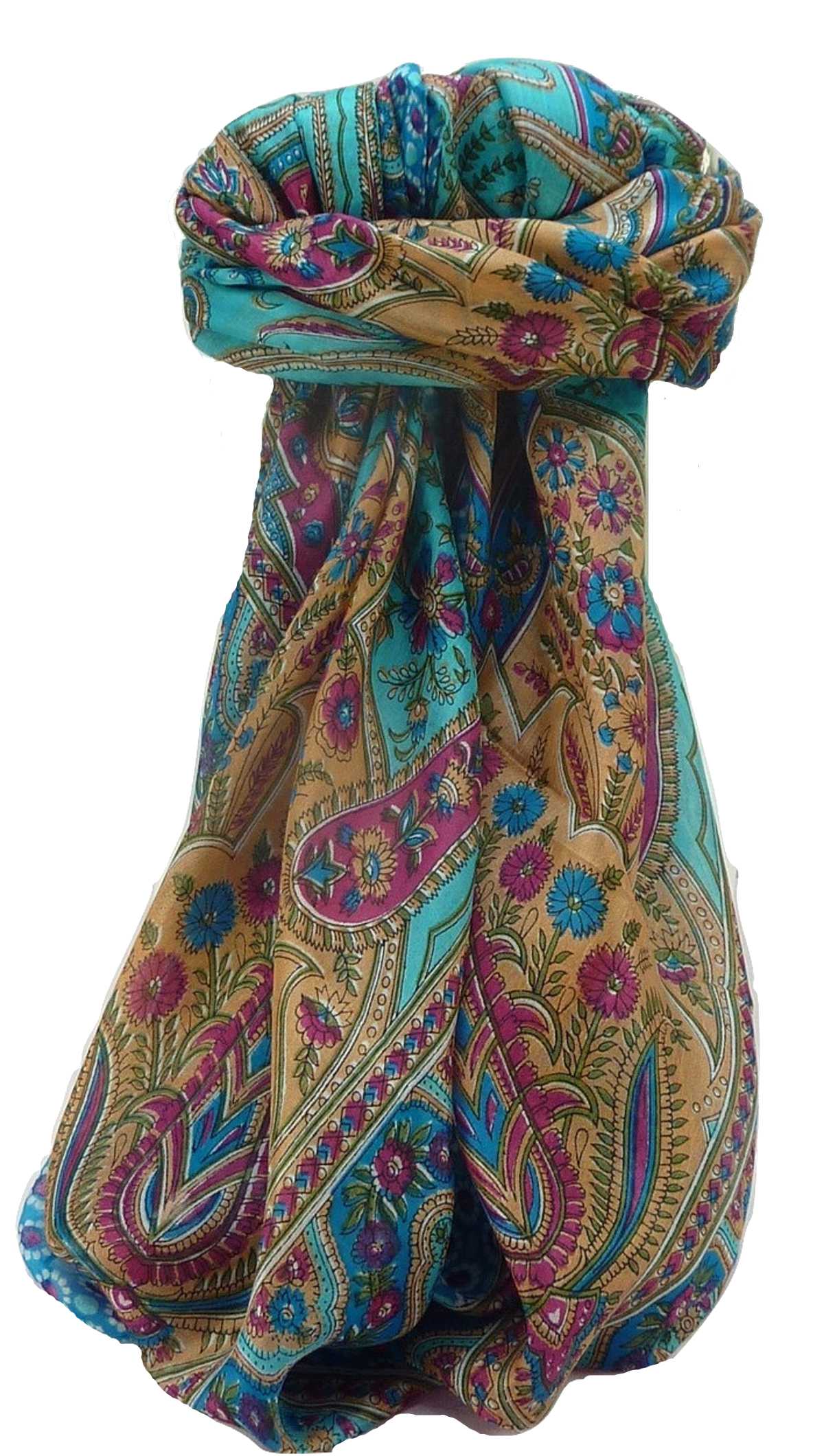 Tradizionale Sciarpa Quadrata di Seta Kanikar Aqua di Pashmina & Silk