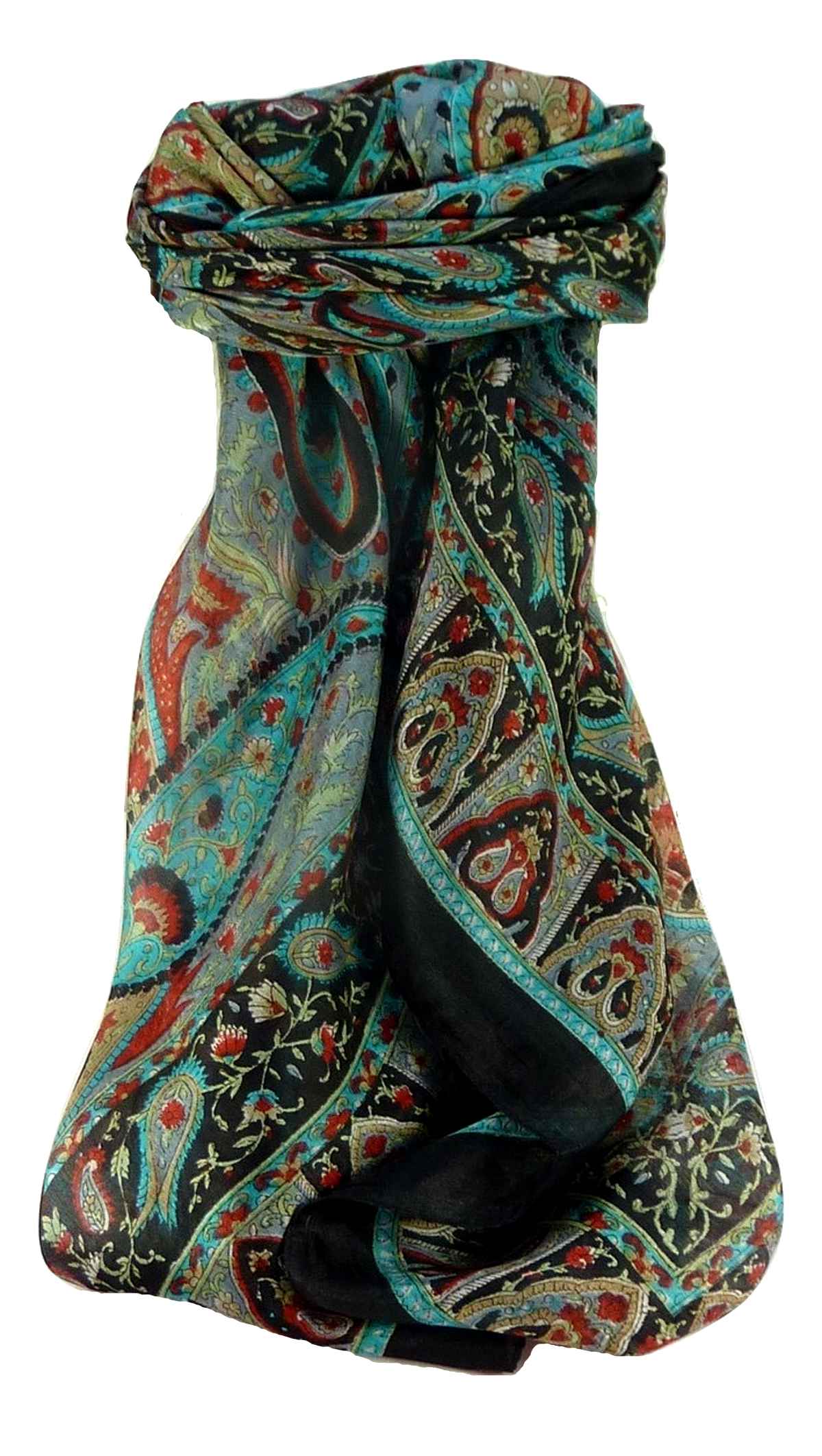 Mulberry Silk Traditional Square Scarf Keshar Black by Pashmina & Silk