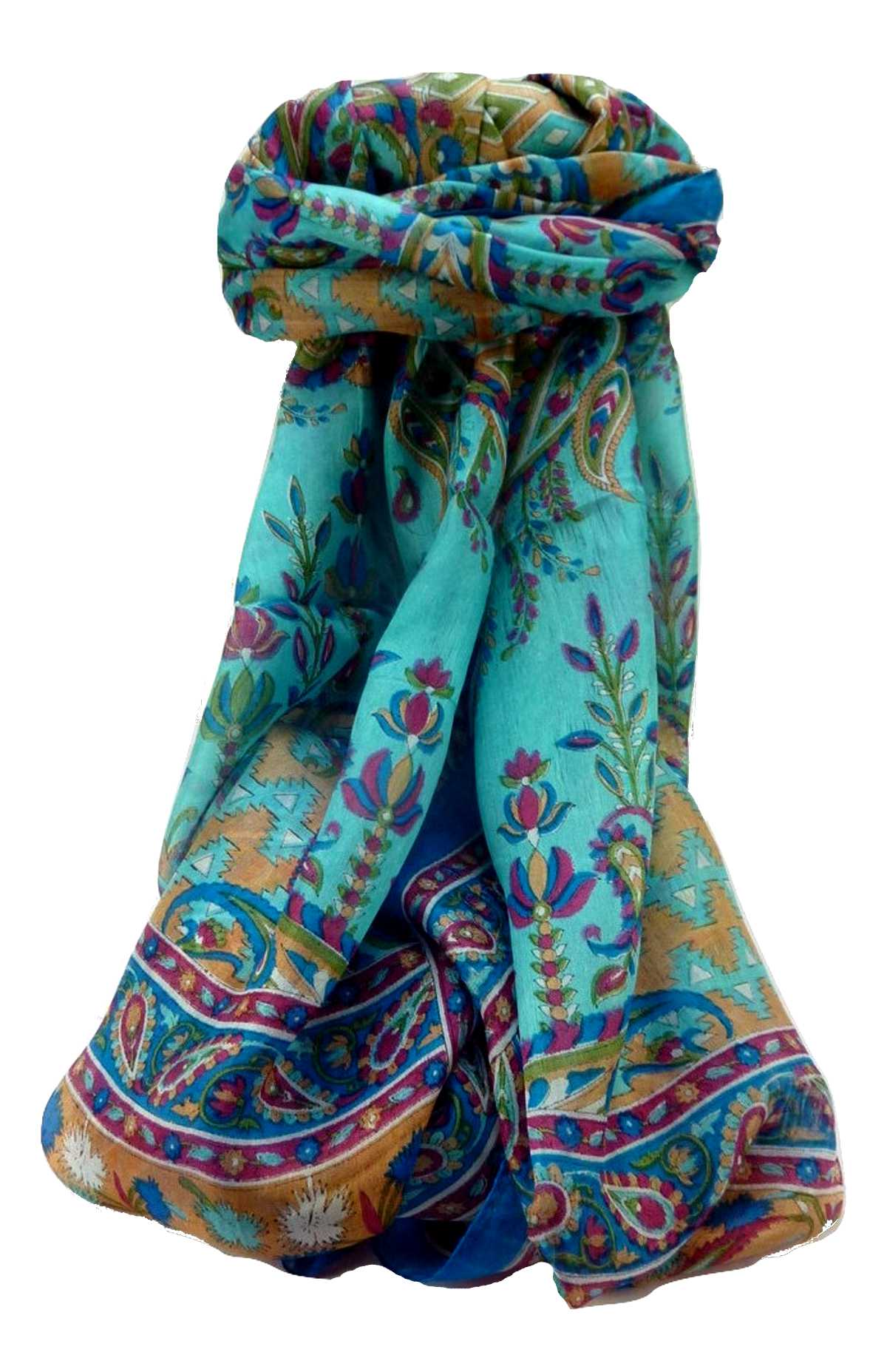 Tradizionale Sciarpa Longa di Seta Alka Aqua di Pashmina & Silk