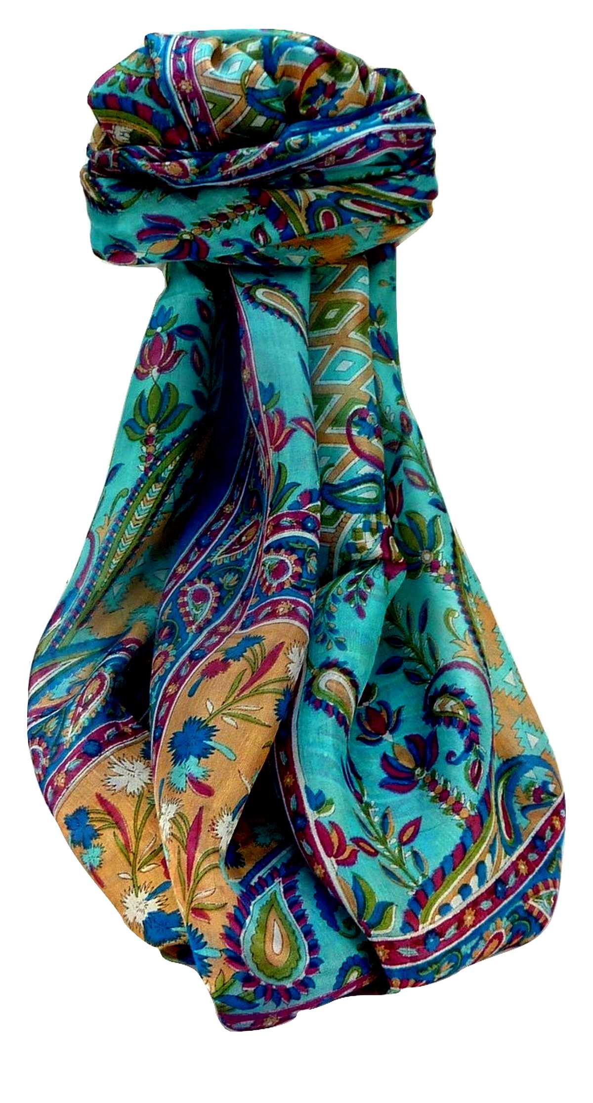 Tradizionale Sciarpa Longa di Seta Kazia Aqua di Pashmina & Silk