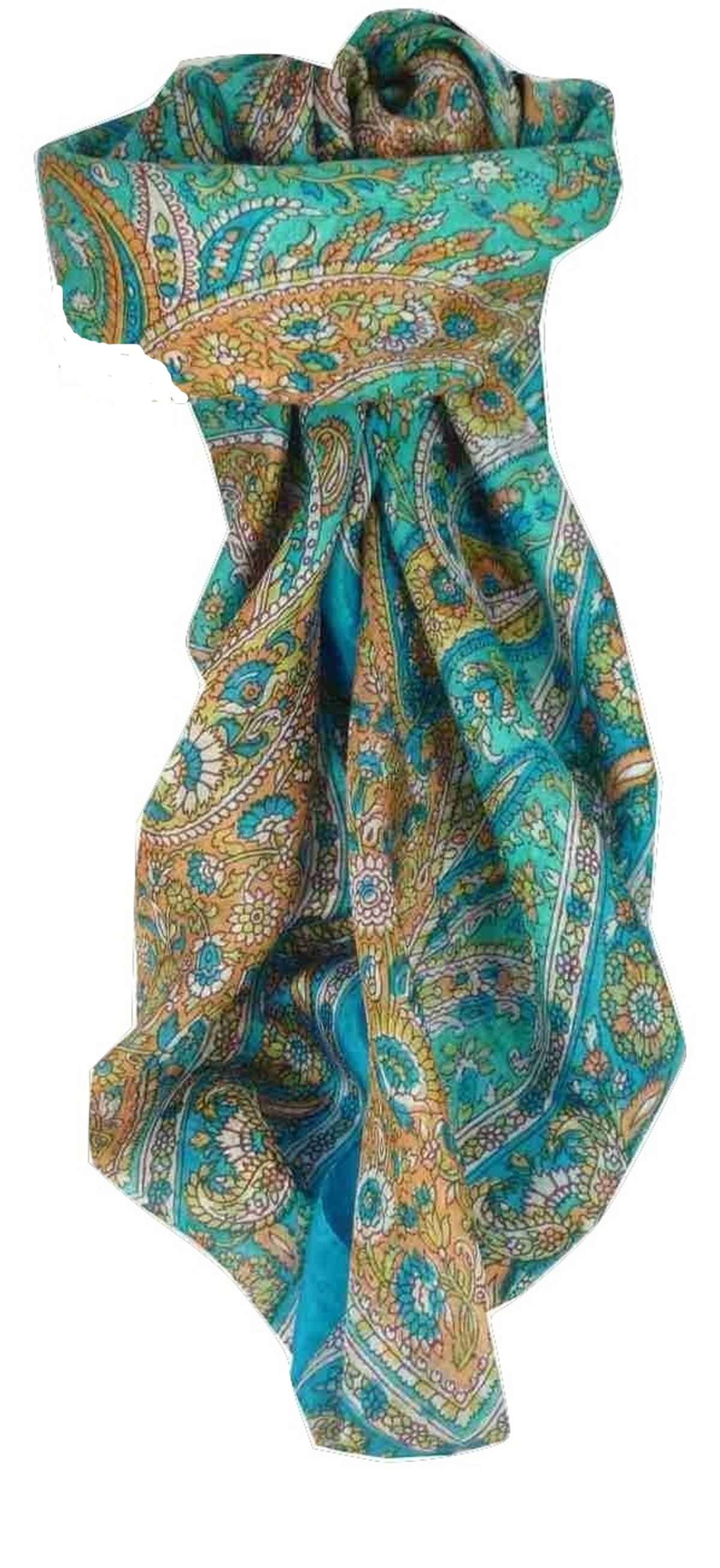 Tradizionale Sciarpa Quadrata di Seta Vishwa Aquamarine di Pashmina & Silk