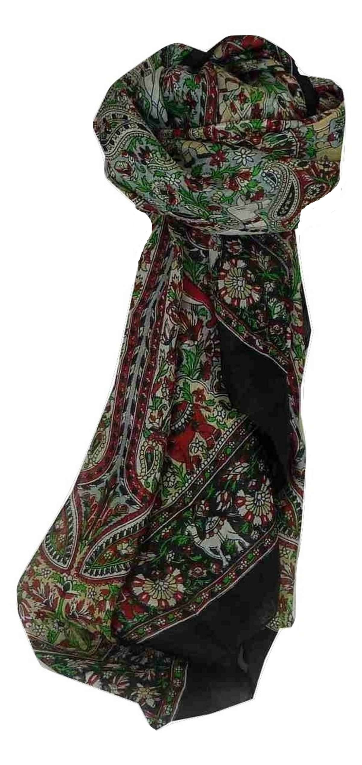 Mulberry Silk Traditional Square Scarf Sarnath Black by Pashmina & Silk