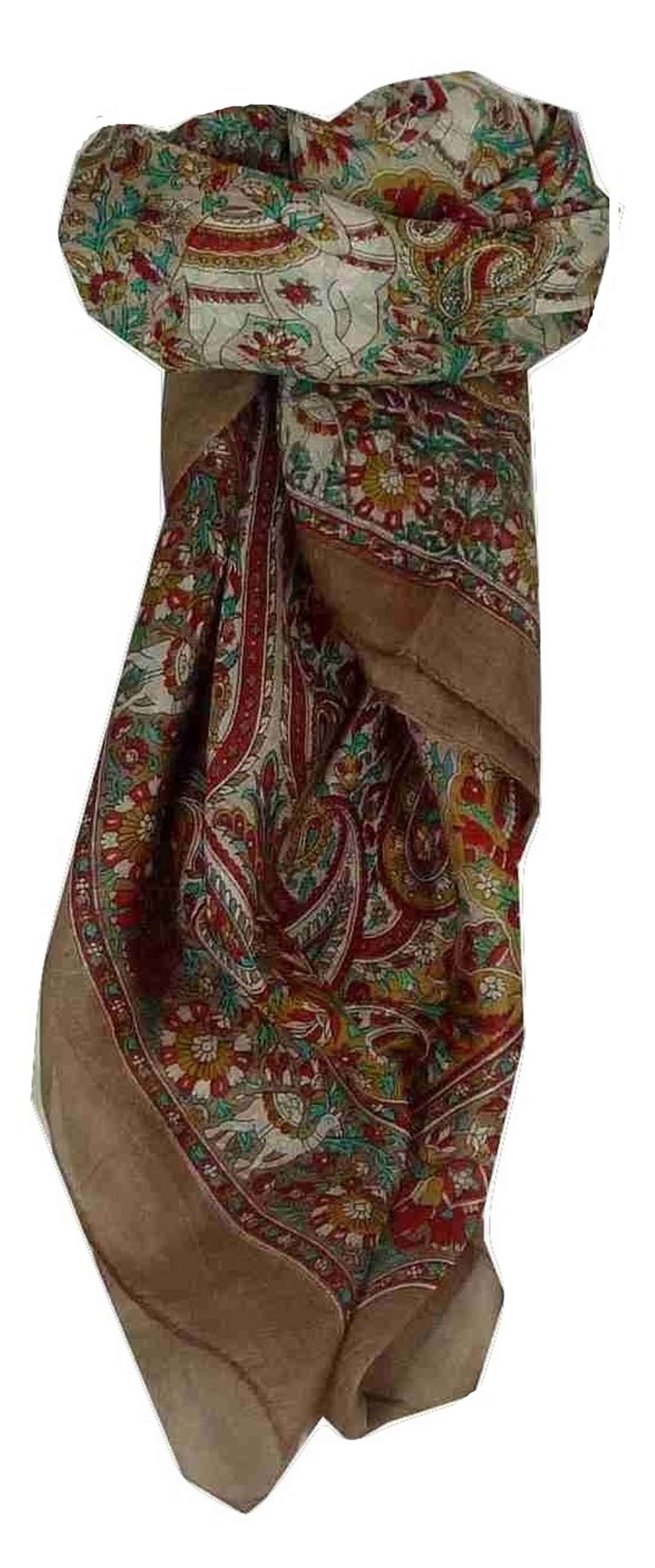 Mulberry Silk Traditional Square Scarf Sarnath Brown by Pashmina & Silk
