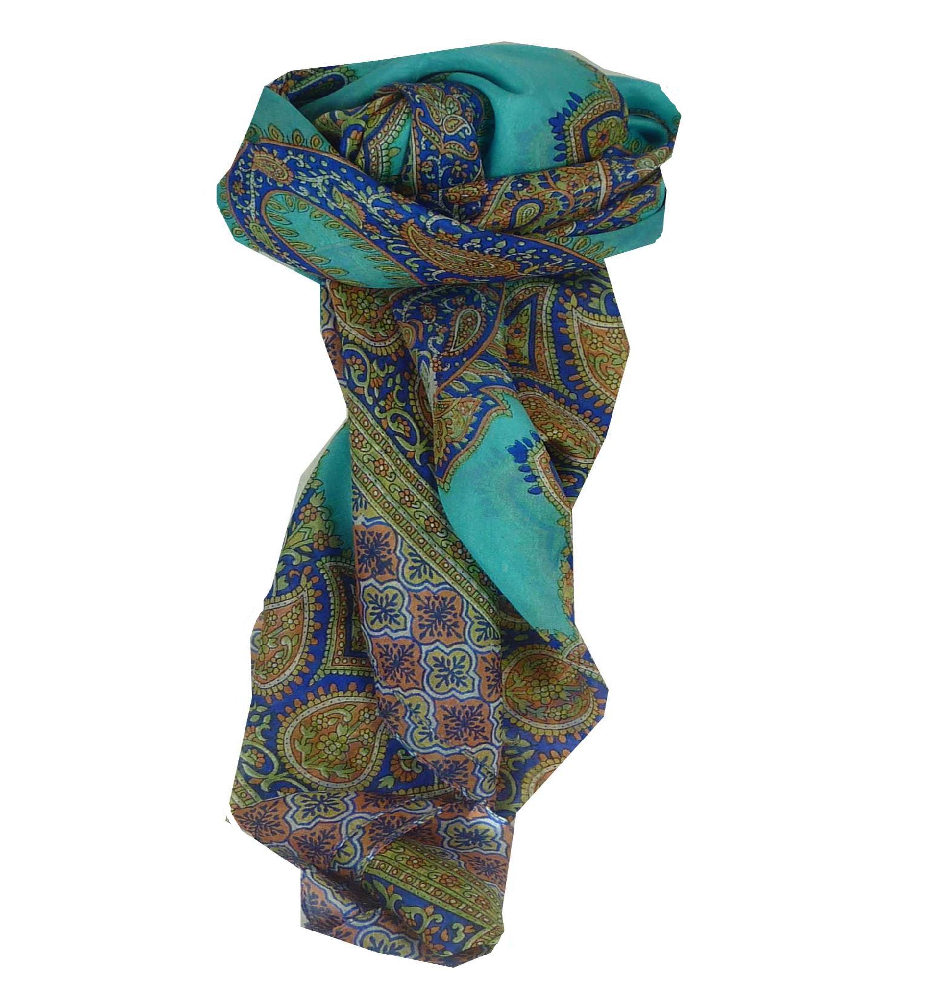 Mulberry Silk Traditional Square Scarf Salena Aqua & Blue by Pashmina & Silk
