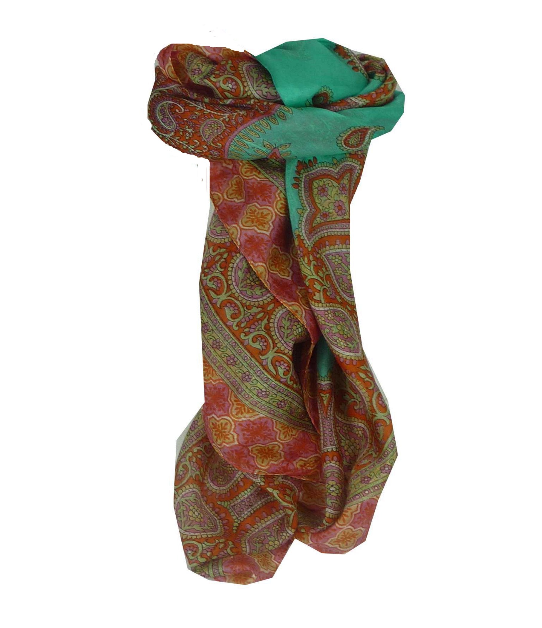 Mulberry Silk Traditional Square Scarf Salena Green & Nectarine Pashmina & Silk