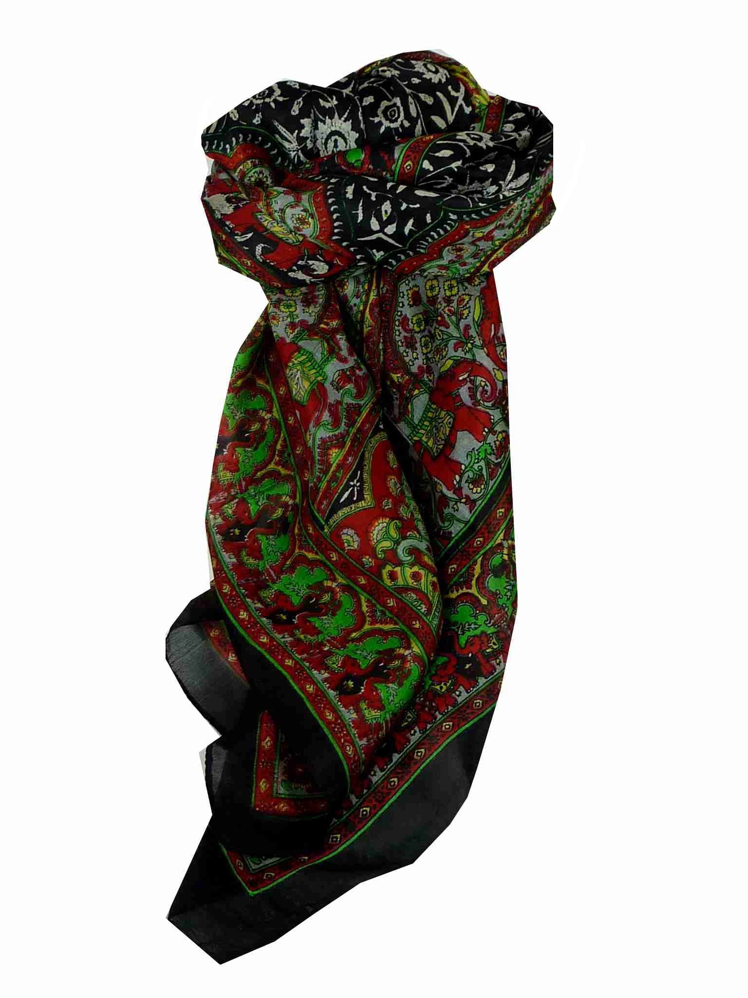 Mulberry Silk Traditional Square Scarf Ravali Black & Red by Pashmina & Silk
