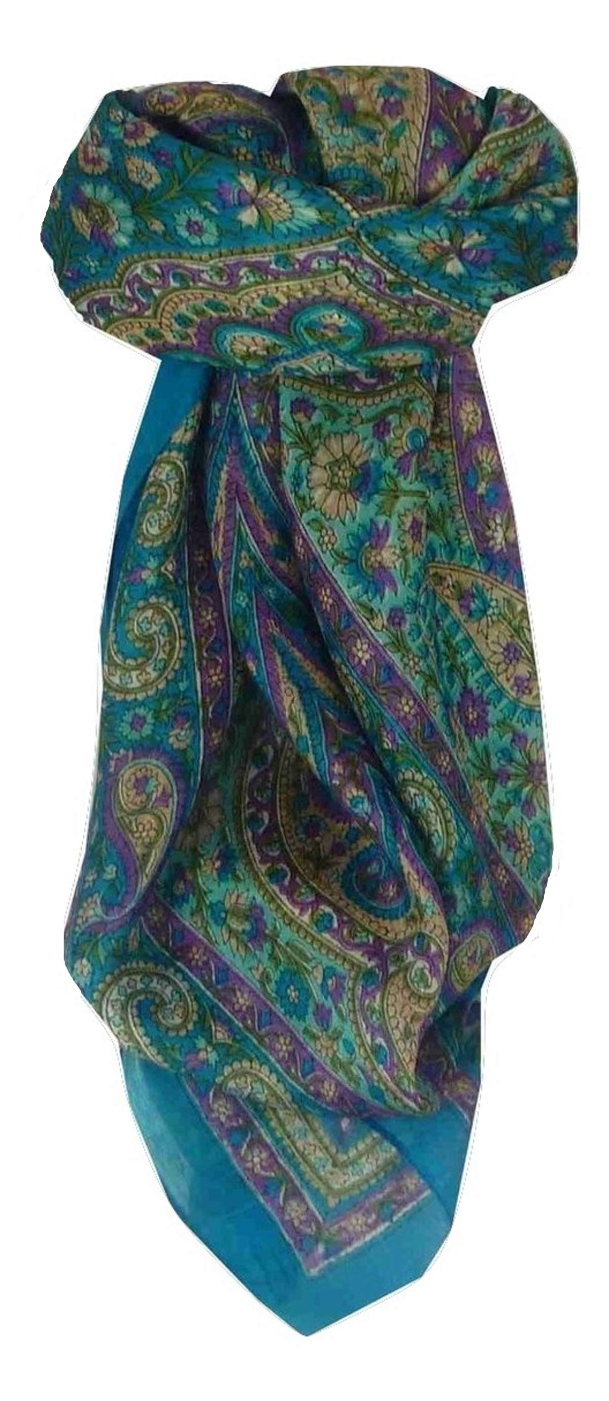 Tradizionale Sciarpa Quadrata di Seta Neela Aquamarine di Pashmina & Silk